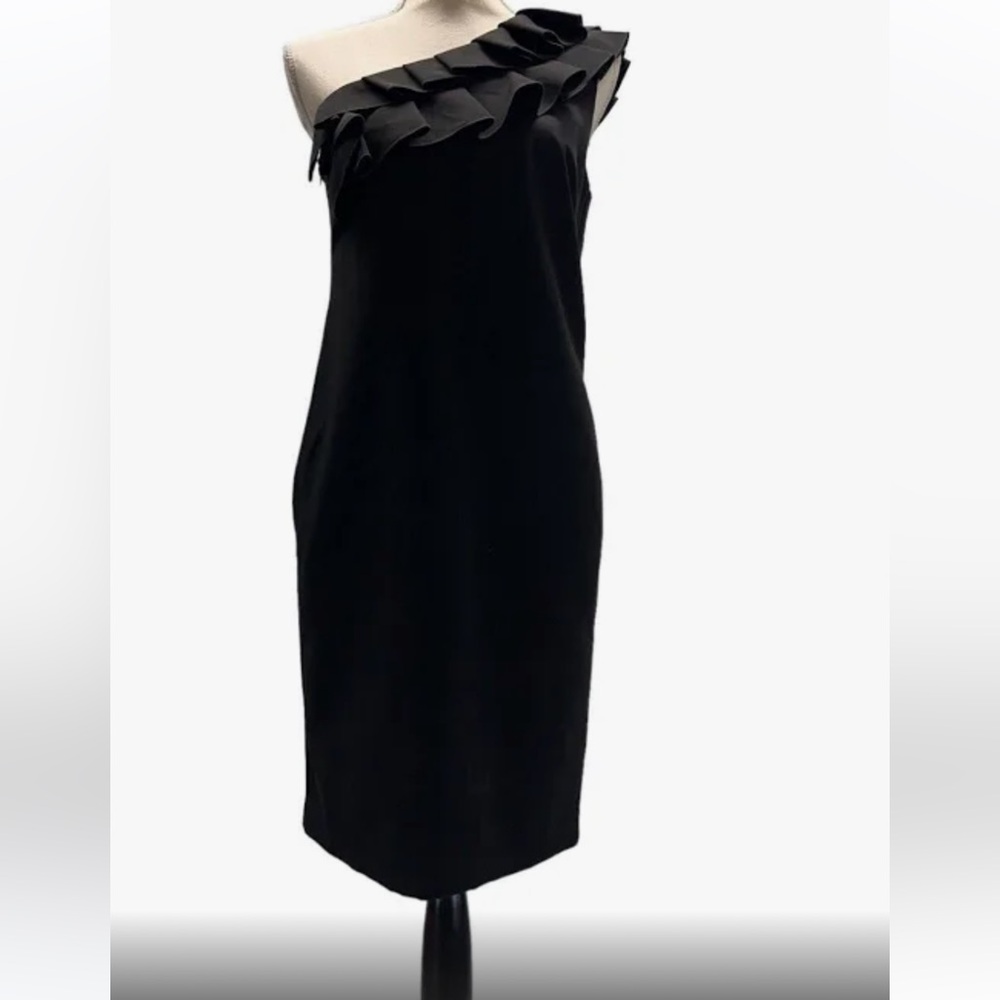 NWT Trina Turk Asymmetrical One Shoulder Double Ruffle Black Dress